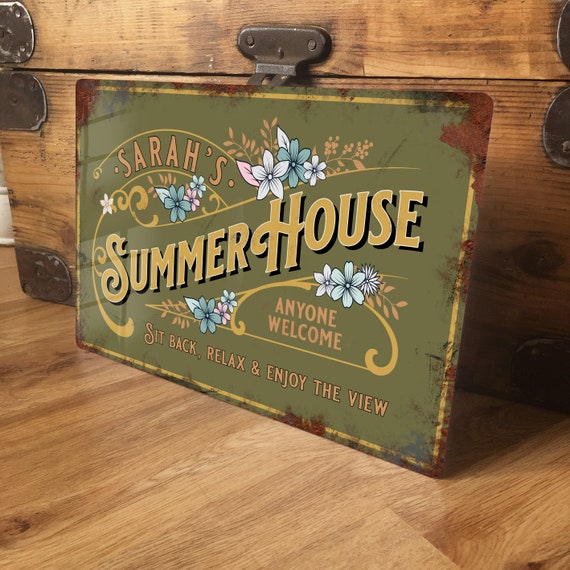 Welcome to our Summer House Wood effect sign A4 metal plaque out-door & in-door
