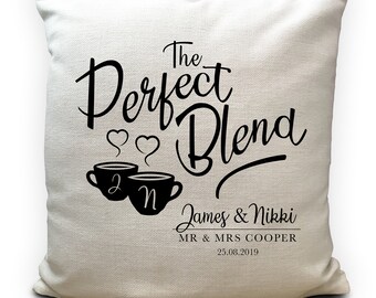 Personalised Wedding Perfect Blend Cushion Cover Gift - Mr and Mrs Tea Coffee Drinkers Anniversary Vintage Gift - Home Decor Decoration