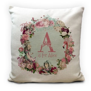 Personalised Alice Adventures in Wonderland Cushion Cover, Vintage Mad Hatter Tea Party, Home Decor Name Monogram - 40cm 16 inches