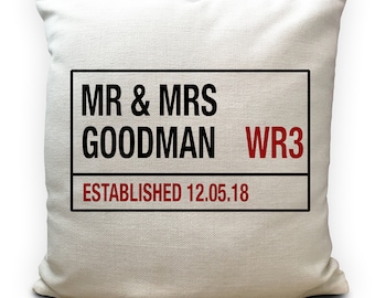 Personalised Wedding Anniversary Cushion Cover - New Home Decor Gift - Mr and Mrs bride and groom - Vintage Road Sign- 16 inch 40cm