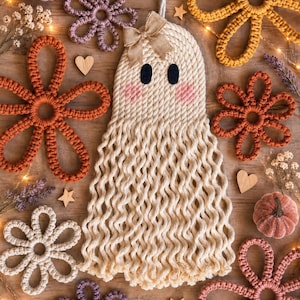 Macrame Ghost with Bow, Handmade Cotton Halloween Decor