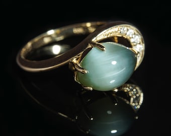 Blue Cat's Eye Jade 14K Gold Ring | Rare Natural Stone | Chatoyant Nephrite | Washington Jade
