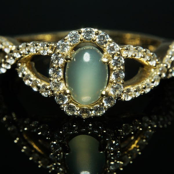 Blue Cat's Eye Jade 10K Gold Ring | Rare Natural Stone | Chatoyant Nephrite | Washington Jade