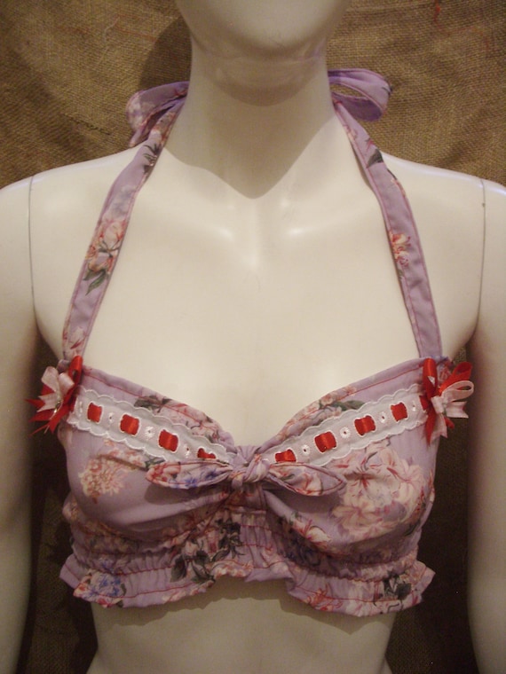 Cute lilac pink tropical hawaiian flower crop tie front halterneck top! Gingham bows daisies cherries! rockabilly pin up 30's 40's 50s 60's!
