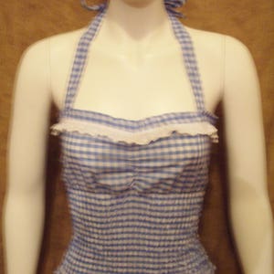 Cute blue gingham check halterneck top,elasticated! Can make in any size/colour/size check! Rockabilly,1950&#39;s,hillbilly,vintage,pin-up !