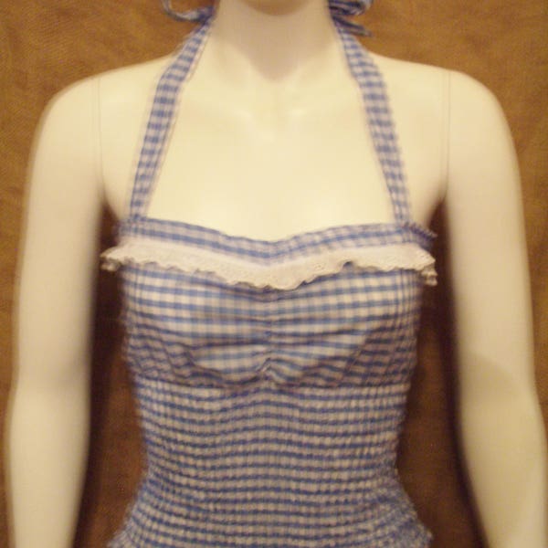 Cute blue gingham check halterneck top,elasticated! Can make in any size/colour/size check! Rockabilly,1950's,hillbilly,vintage,pin-up !