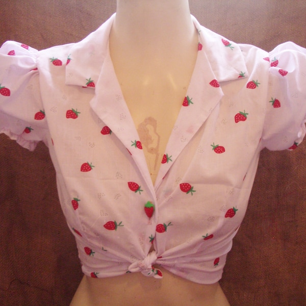 Cute,cropped strawberry & polka dot heart balloon print,puff sleeved shirt with strawberry button,red gingham and pink bows! Rockabilly! XX