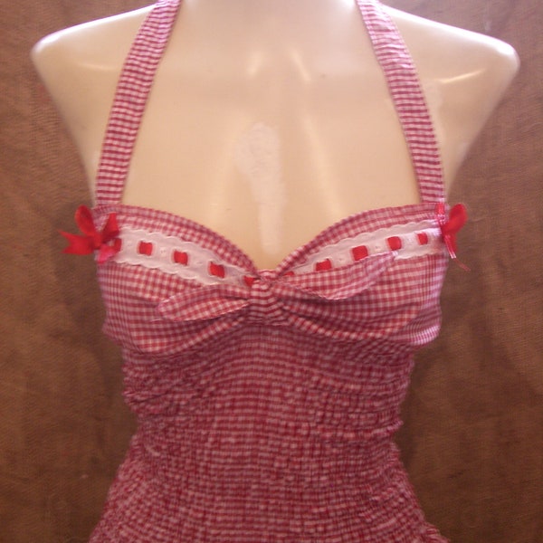 Cute red gingham halterneck elasticated front tie top, red ribbon/eyelet trim! Pin up,rockabilly,1930's,40's,50's Country prairie hillbilly!