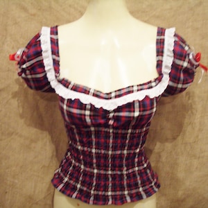 Cute,tartan cotton,gypsy top cotton lace trim,bows,cherries! Off shoulder,pin-up,rockabilly,1940&#39;s,50&#39;s,steampunk,Victorian,prairie,check XX