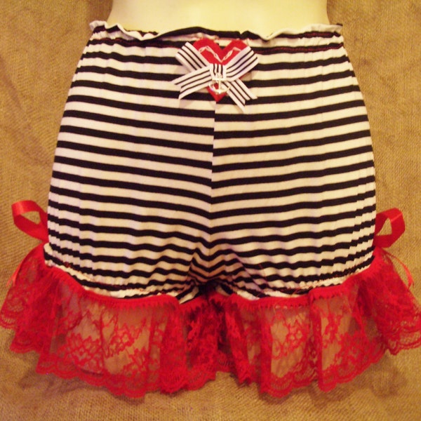 Cute,black/white stripe stretchy short bloomers with red lace,bows,heart & anchor!Rockabilly,pin-up,burlesque,nautical,boudoir! XX