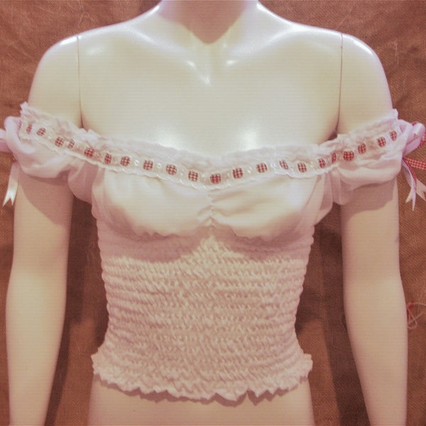 Supa cute white off/on shoulder gypsy top with red gingham ribbon trim,bows and cherries Rockabilly,pin up,1940's,1950's,pretty,sexy