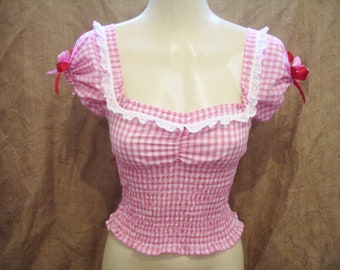 Cute pink gingham check gypsy top with red bows cherries! Rockabilly pin up 1940's 1950's vintage Victorian steampunk prairie western