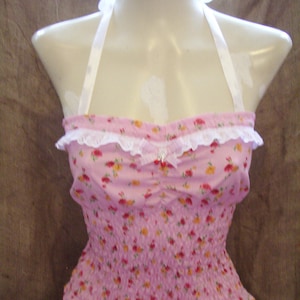 Cute,baby pink floral,halterneck top with daisy & cherry! Rockabilly,pin-up,hillbilly,1940&#39;s,1950&#39;s,vintage,pretty,sexy,festivals,summerwear
