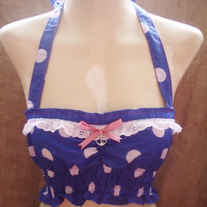 Cute,blue polka dot crop halterneck top with stripe bow and anchor! 1950&#39;s,rockabilly,pin-up,nautical,sexy,1930&#39;s,vintage,sailor,retro! XX