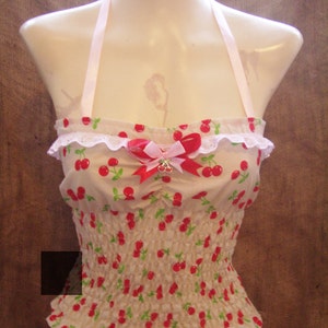 Yellow cherry,elasticated, halterneck top with pink/red bows & cherry charm Rockabilly,pin-up,country,1950&#39;s,vintage,hillbilly! XX