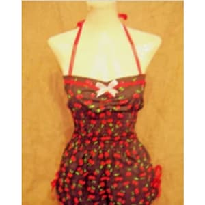 Cute,black cherry print halterneck playsuit with red bows lace & cherry! Rockabilly,1940's,1950's,pin-up,vintage,festivals,beachwear,retro!