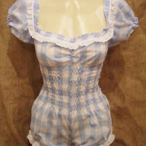 Cute check blue gingham playsuit,romper with gyspy top style sleeve,off shoulder Pin-up,1940's,50's,rockabilly,kawaii,vintage,sexy,lolita XX