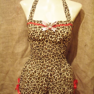 Cute,leopard print,halterneck playsuit with red bows and cherry! Pin-up,rockabilly,1950&#39;s,vintage,Bettie Page,beachwear,clubwear,festivals!