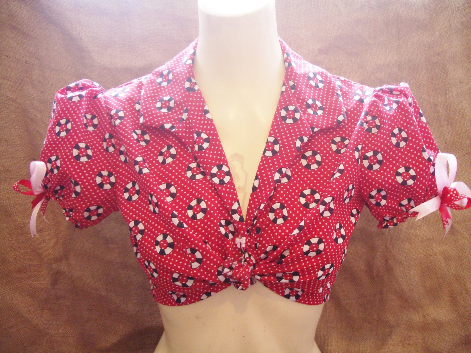 Image of Cute, Red/White Polka Dot With Navy Nautical Rings, Cropped, Puff Sleeved Blouse 's, 's Style Pin-Up, Nautical, Rockabilly, Vintage Xx