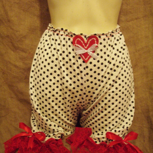 Cute,white/black polka dot 'above the knee' bloomers with red lace,bows and heart! Pin-up,burlesque,boudoir,vintage,1950's,VictorianWildWest