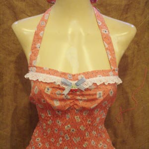 Peach,patchwork,cherry.polka dot floral halterneck top! Rockabilly,pin-up,hillbilly,1940&#39;s/1950&#39;s,sexy,pretty,lolita,kawaii! Gingham bow!