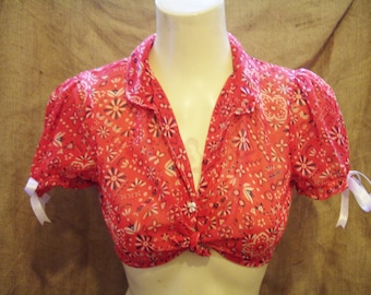 Cute,western print print,cropped,puff sleeved top with white bows & white bow button fastening!Rockabilly,pin-up!