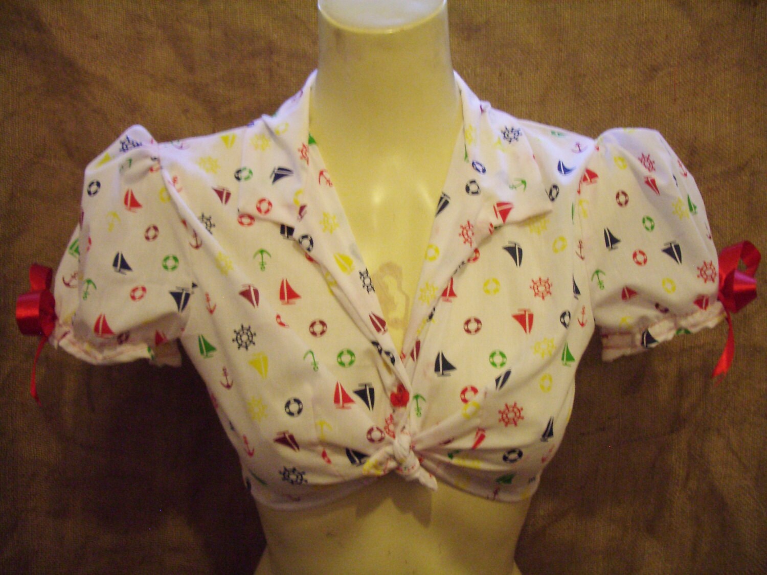 Image of Cute, Anchor/Boat Print, Cropped, Puff Sleeved Shirt With Bow Button, Red Bows & Anchors On Sleeves Rockabilly, Pin-Up, 's/'s, Vintage Xx