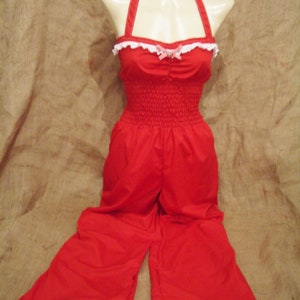 Cute,red 1930&#39;s / 1940&#39;s style flared dungaree playsuit,jumpsuit! Halterneck with gingham bow and cherry!Rockabilly,pin-up,hillbilly,vintage