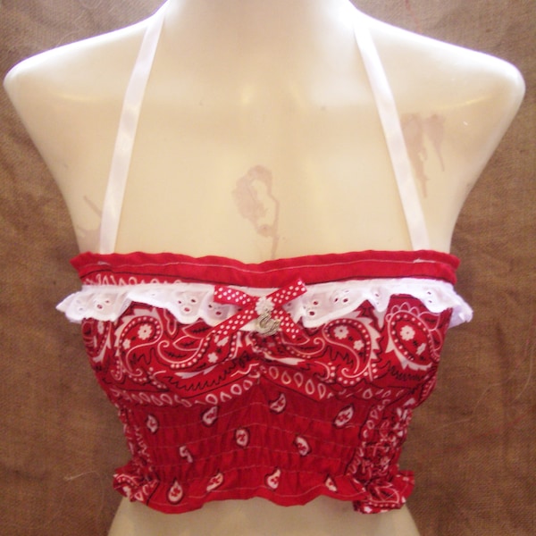 Cute,red bandana,western print,cropped,halterneck top with daisy & horseshoes!Pin-up,rockabilly,vintage,1940's/1950's,cowgirl! Wild west!