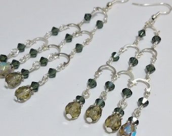 Chandelier Earrings, Montana Swarovski Crystal and Black Diamond Czech Glass Beaded Earrings, Silver Chandelier Earrings