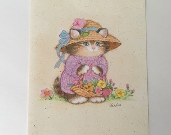 Vintage Kitten in sweater with Flower Basket Notecard By Sangamon Unused