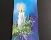 VTG ( used ) Christmas Greeting card, White Candle Blue background, By Hallmark slim Jim