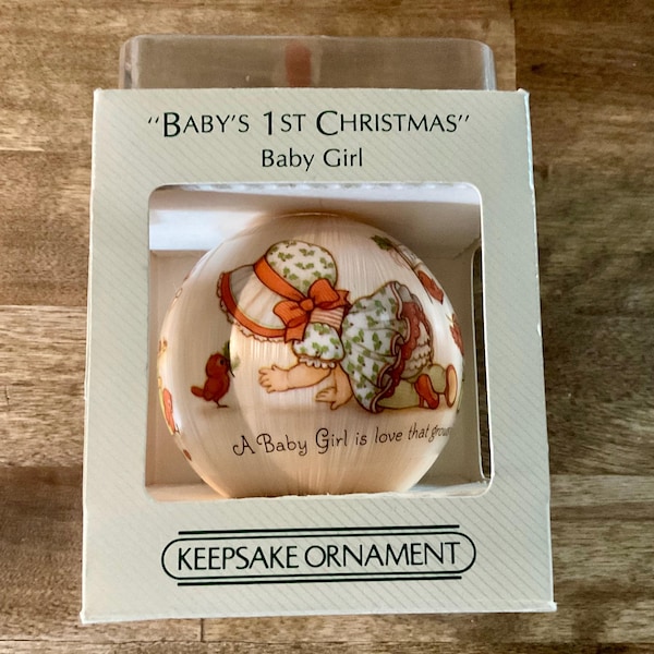 Vintage Hallmark Keepsake Satin Ball Ornament, Baby Girl’s 1st Christmas, Copyright 1984
