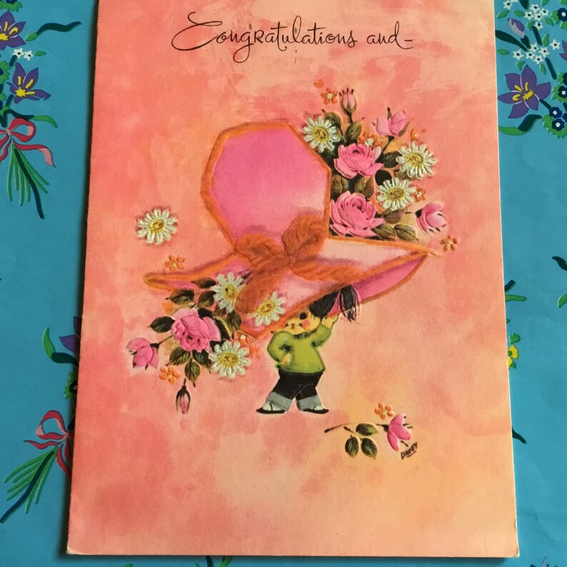 Unused Bright pink Vintage Little Girl in Big Flower Hat Congratulations Greeting Card