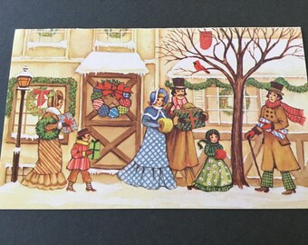 Vintage (Unused) Christmas Greeting Card, Festive Shoppers, By English Cards, Ltd