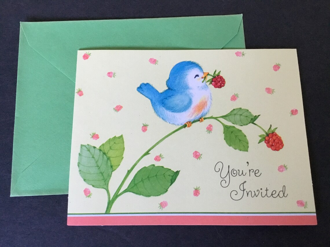 Vintage Hallmark Party Invitation Bluebird & Raspberry by Etsy