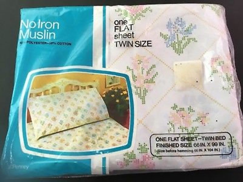 Vintage JCPenney No iron Muslin Flat twin sheet Cross Stitch Design