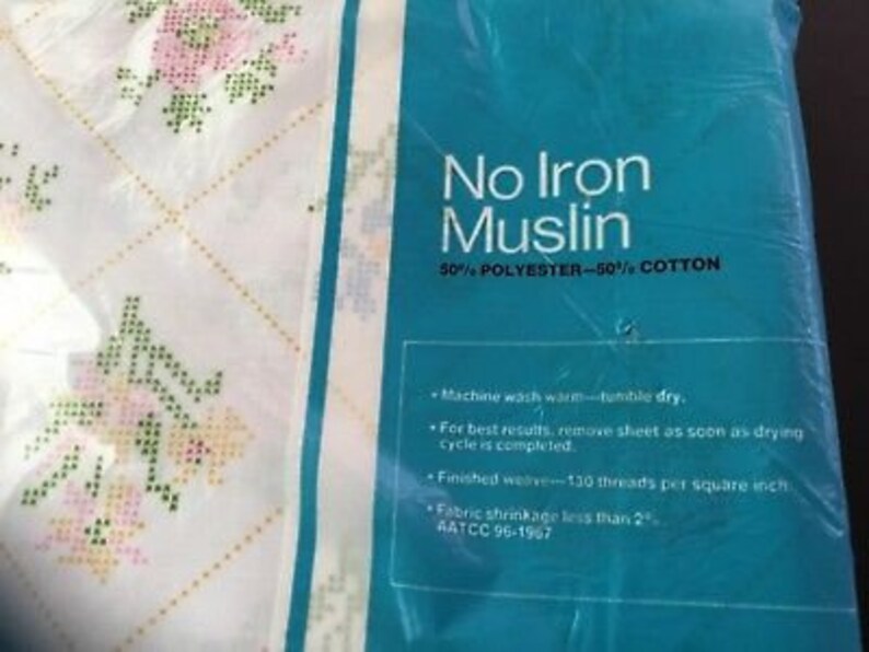 Vintage JCPenney No iron Muslin Flat twin sheet Cross Stitch Design