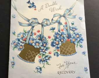 Vintage Get Well Greeting Card, gold baskets, blue flowers, sparrow, Wallace/Brown