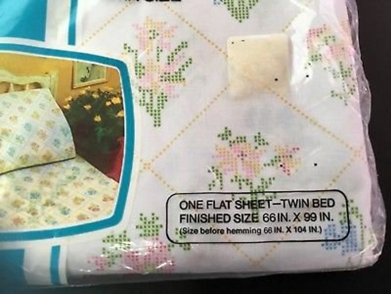 Vintage JCPenney No iron Muslin Flat twin sheet Cross Stitch Design