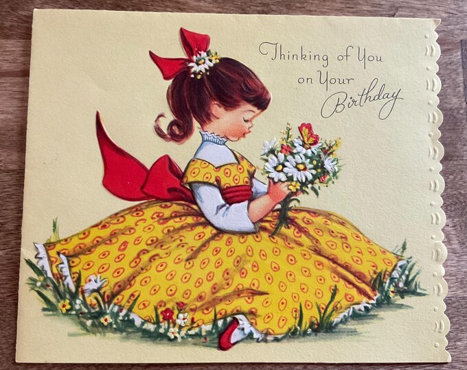 Vintage Birthday Greeting Card, Little Girl in Yellow Dress With ...
