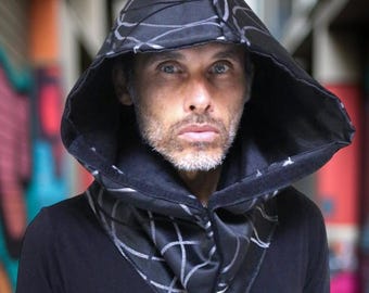 Futuristic Techwear Hood, Black Festival Hood, Cyberpunk Fashion, Avant Garde Streetwear