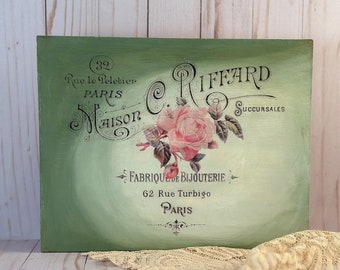 Distressed Green French Country Sign, Antique Paris Jewelry Store Sign, Hand Painted French Farmhouse Sign, French Flower Decor