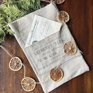 Primitive Grainsack Bayberry Bark Wall Pocket, Grain sack peg rail hanger housewif bag, Rustic Winter Decor, Garden herb and seed bag