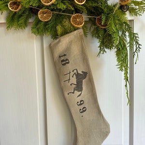 Jumping Horse Grainsack Christmas Stocking, Neutral grain sack winter holiday decor, Primitive peg hanger, Simple living, Prim Mantle