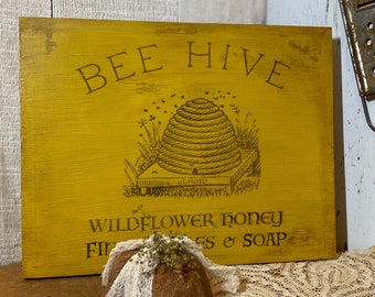 Bee Hive Wildflower Honey Fine Candles and Soap Farmhouse Sign, Vintage Bee Hive Country Sign