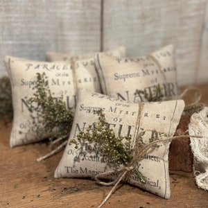 May include: Four small, beige fabric sachets with a vintage book print design. The sachets are tied with twine and decorated with dried flowers. The text on the sachets reads "PARACELSUS Of the Supreme Mysteries of NATURE" and "Supreme Mysteries of NATURE".