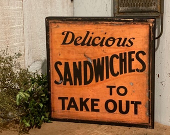 Retro Wood Sandwich Take Out Sign, Kitchen Wall Art, Decoupaged Distressed Rustic Country Sign, Primitive Decor, General Store Sign