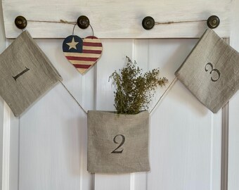 Rustic Farmhouse Triple Wall Pockets, European Linen peg rail hanger bags, Vintage Farmhouse Decor, Primitive Cottage Style Garland