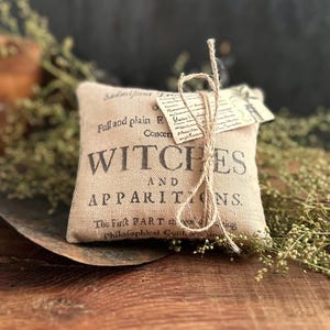 May include: A square, burlap-textured pillow with the words "WITCHES AND APPARITIONS" printed in black. The pillow is tied with twine and has a small tag attached. The pillow is surrounded by dried greenery, creating a rustic, vintage aesthetic.